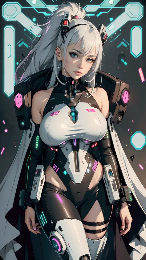 Woman with big wet marked breasts in a futuristic outfit posing for a photo, Cyborg girl, Cute Cyborg Girl, Female cyberpunk ani...