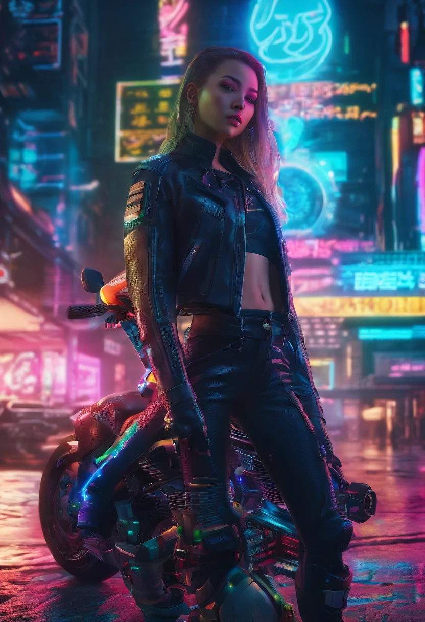 A woman in a leather jacket and leather pants standing next to a motorcycle  - SeaArt AI