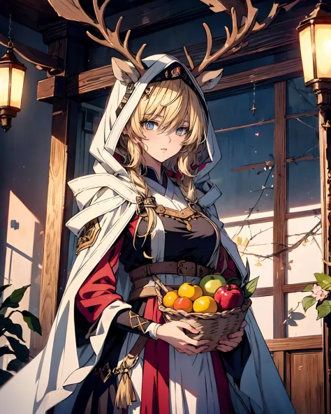 A woman in traditional dress holds a basket of fruit, Bohemian style | | very anime!!!, Guviz-style artwork, Detailed digital an...