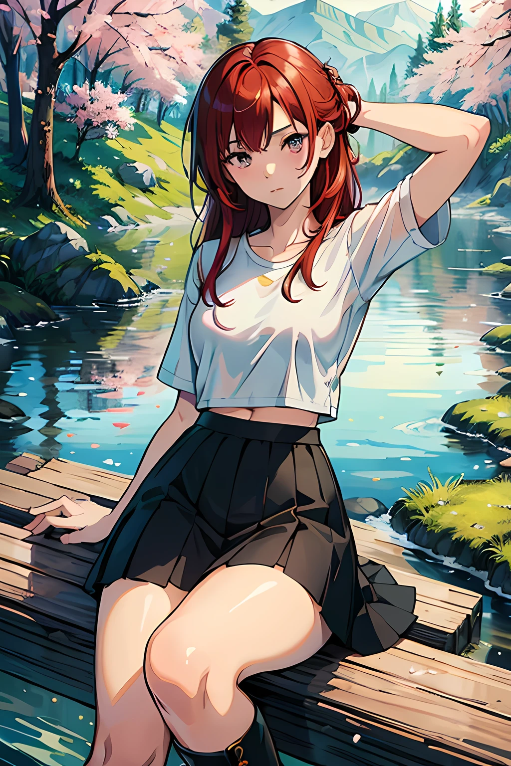 (best quality, masterpiece), official art, illustration, ligne claire, highres, absurdres, ultra-detailed, 8k, cel shading, 1girl, long red hair, side cut hairstyle, forest, spring, sakura, leafs, tree, river, white t-shirt, cutout above navel, black skirt, black belt, boots, absurdres, high res, ultrasharp, 8K, masterpiece,1 girl, full body, (a beautiful young woman: 1.1), beautiful detailed eyes, (looking at the viewer), vibrant, clothing, posing, colorful, dynamic, background, elements, confident, expression, majestic, cover, eye-catching, anime coloring, (anime screencap:1.2), fantasy setting