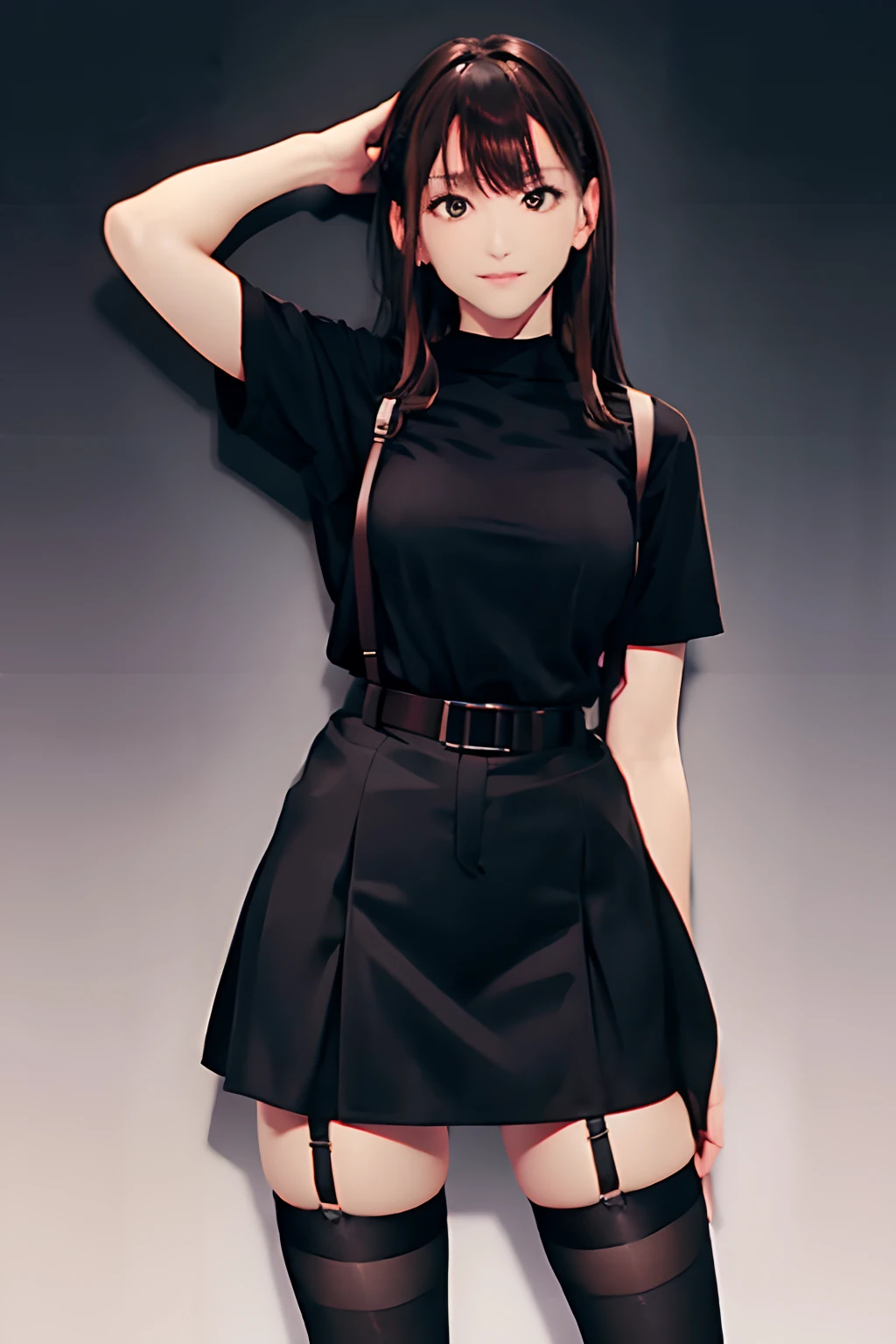 Black skirt, 　suspenders, Brown hair Gray eyes, Garter belt on the legs, Tight black clothes, 　　 a belt　Armpit sweat　　Dark look　Moderately breasts　holster　Fold your hands behind your back