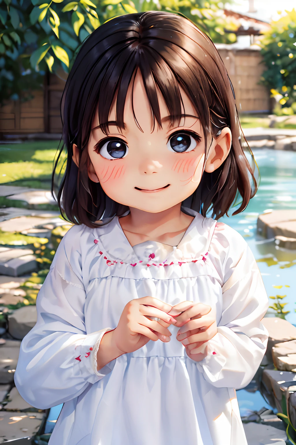 an adorable angelic-looking four-year-old, com cabelos loiros cacheados e olhos azuis brilhantes. Your skin is smooth and delicate, and her rosy cheeks accentuate her charming sweetness. apesar de sua tenra idade, She radiates a captivating energy that attracts the attention of everyone around her