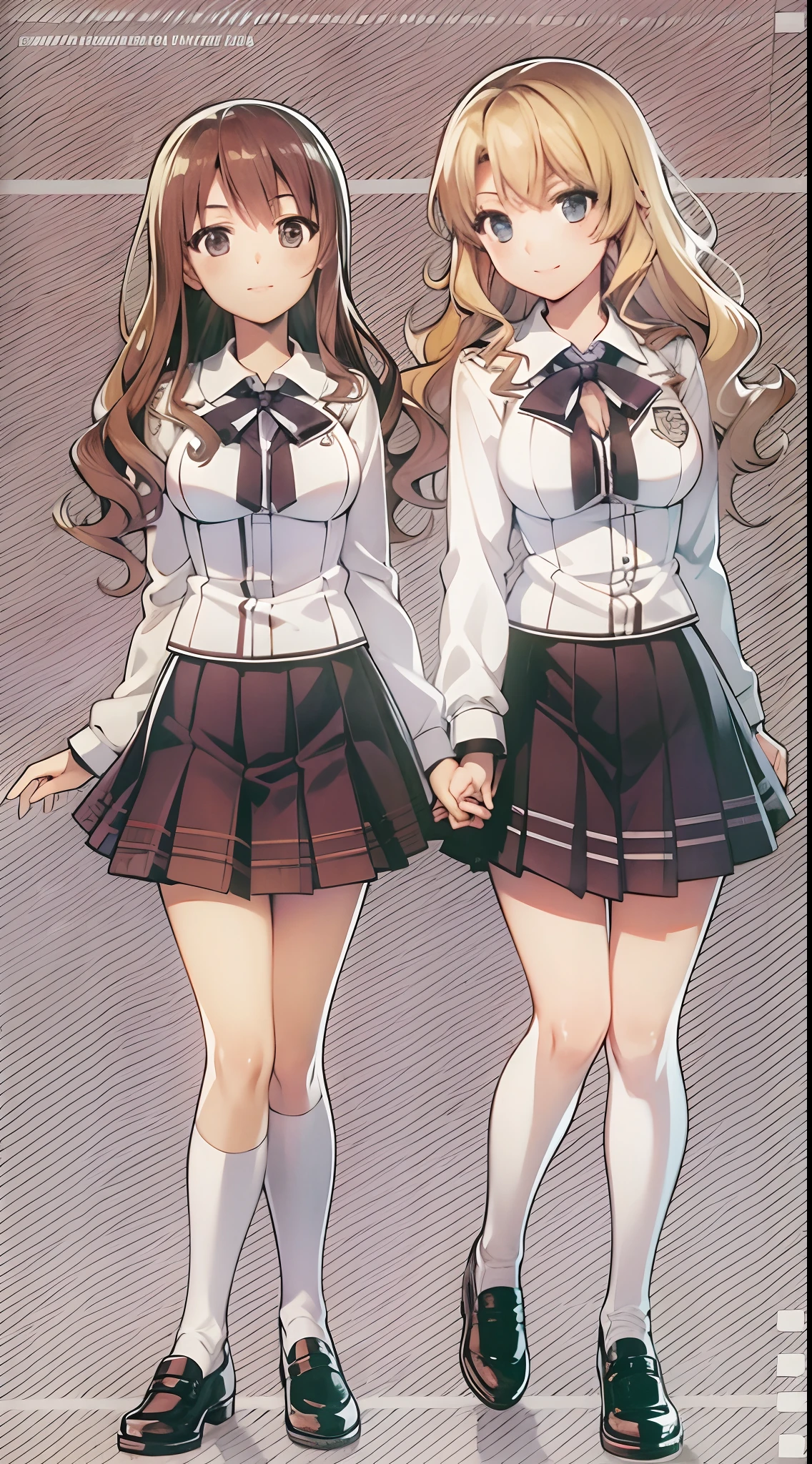 Masterpiece, high quality, 2girls, duo, identical twins, identical sisters, brown hair, blonde hair, curly hair, matching hairstyles, hazel eyes, medium sized bust, (school uniform, sexy school uniform, blazer, lace section, ribbon, short skirt, white thigh-high socks, black low heels, matching outfits), smile, flat_color, full body, seductive pose, duo pose