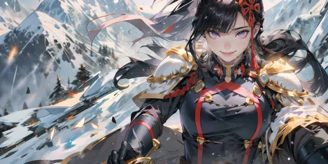 gloves, weapon, 1girl, holding, holding_weapon, bangs, solo, polearm, breasts, mountain, black_gloves, long_hair, black_hair, looking_at_viewer, sword, braid, closed_mouth, spear, ponytail, hair_between_eyes, smile, large_breasts, snow, arrow_(projectile),...