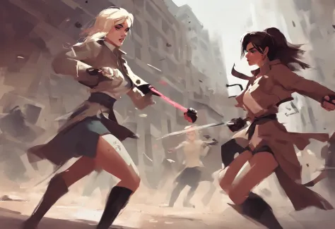 2girls,(fight against another:1.5),trench coat,bikini