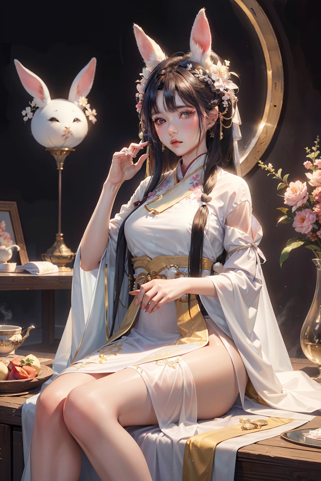 (masterpiece), (best quality), 8k resolution, 1girl, Asian girl, stunning beauty, perfect face, mature female, 20yo, bunny ears, Hanfu, rm dress,rm hair ornament, hanfu, see-through, silk, jewelry, fantasy, on the moon