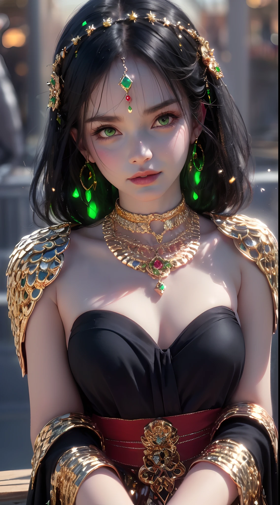 1 beautiful young princess, ((beautiful princess no longer a child:1.8)), ((wearing a black armored dress with gold trim in ancient hanfu style:1.6)), (((Exquisite patterns on the skirt:1.6))), ((braided hair with long black bangs: 1.6)), ((long bangs:1.6)), ((hair jewelry:1.9)), ((upper body gold jewelry:1.9)), ((Very delicate gold necklaces:1.7)), ((earrings with emeralds:0.8)), noble, noble style of an extremely beautiful girl, super cute little face, very pretty face, fur thin eyebrows, flawless beautiful face, ((black eye pupils: 0.8)), very beautiful eyes, ((green eyes eyes: 1.6)), beautiful makeup and detailed hairdo, eyelashes, eye makeup wet, high nose, earrings, red lips, ((closed mouth: 1;5 )) beautiful lips, slim hands, ((arms spread out to the sides: 1.7)), rosy face, clean face, flawless beautiful face, smooth white skin, firm breasts, nice cleavage, ((super big and round breasts: 1.6)), beautiful breasts, perfect body, ((Sit back and puff out your chest, arms behind you:1.6)), 8k photos, super high quality, super realistic, super 10x pixels, optical, bright studio, bright edges, two-tone lighting, (high detail skin:1.2), super 8k, soft lighting , high quality, volumetric light, optical, optical high resolution, light, best photo, 4k, 8k quality, blur effect, smooth sharpness, 10 x pixels, ((beach at night background:1.5)), aurora, lightning, super realistic graphics, most realistic graphics, alone, solo, Extremely sharp, surreal images, (((frontal portrait: 1.3)))."