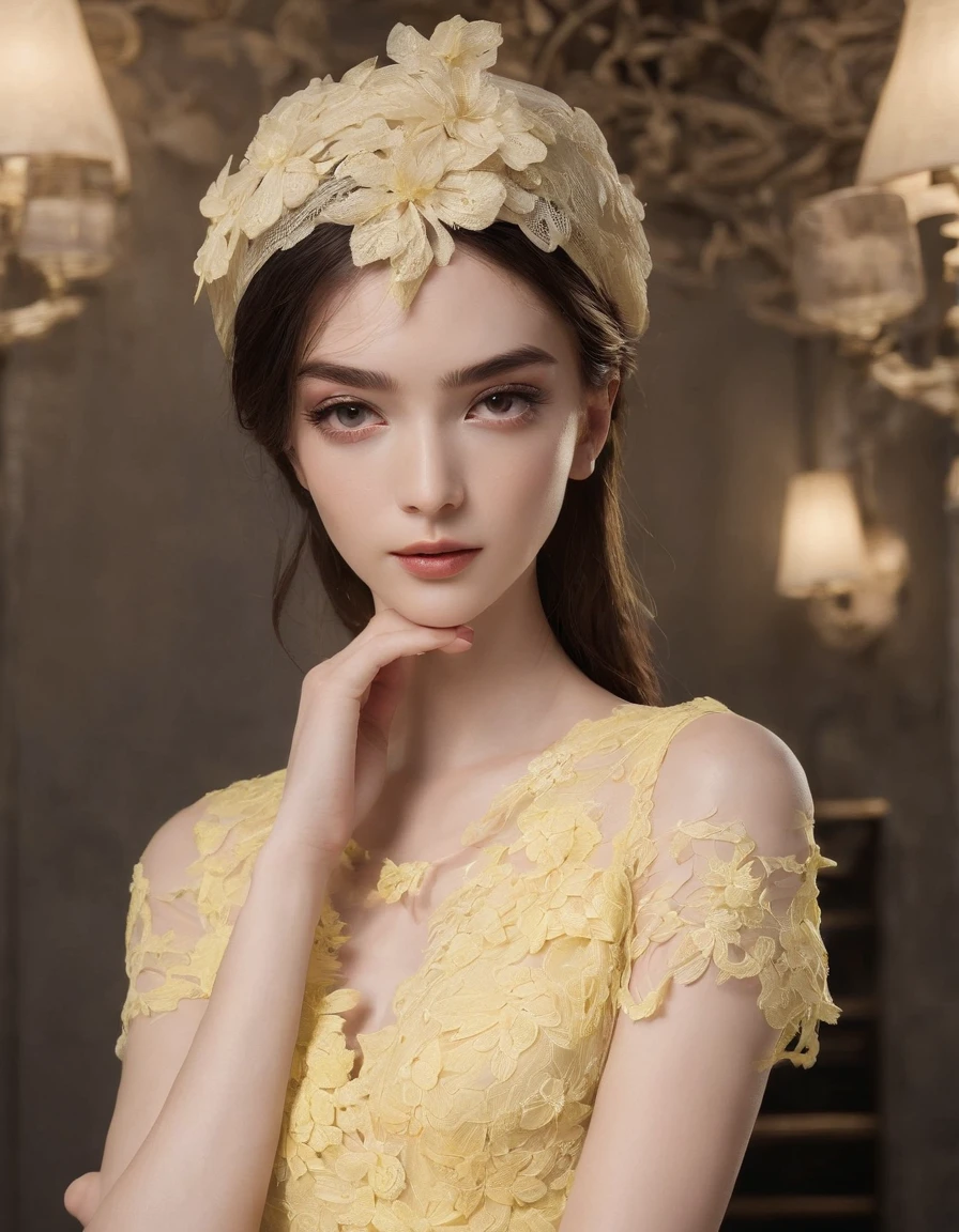 Pretty and very elegant girl wearing a talk cap decorated with light yellow lace flowers. Her entire face is covered with lace. She wears a loose-fitting light yellow lace cocktail dress that hangs over her shoulders. Her skin is very shiny. Her arms are folded. The background is beautiful black. The room is dimly lit.、She is gently illuminated.
Very shallow depth of field、the background is blurred.  ((jewelry))