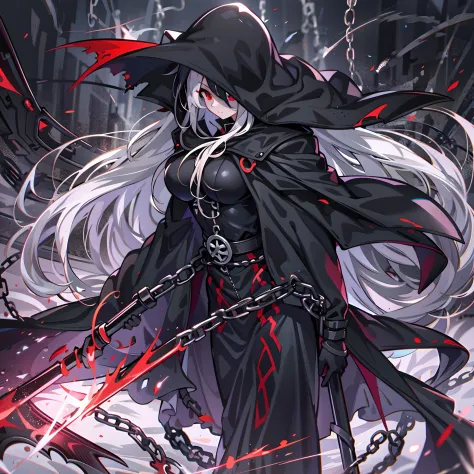 upper body, 1woman, White hair, Long Haired, Red eyes, (Grim Reaper), Black Long Cape, Black Large Scythe, tunic, big breats, wa...