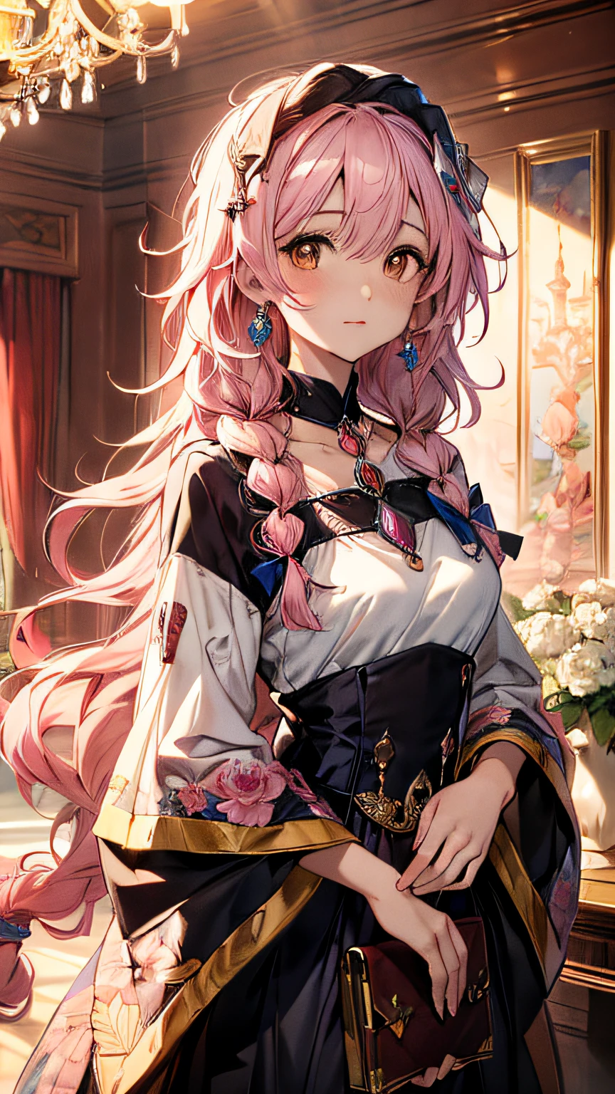 (Best quality, 4K, 8K, A high resolution, Masterpiece:1.2), Ultra-detailed, Noble maiden, Exquisite facial features，Pink curly hair long hair details expressed, Graceful posture, Dreamy atmosphere, expressive brush strokes, mystical ambiance, Artistic interpretation,Delicately coiled hair，Floral jewelry with exquisite details, Crystal diamond jewelry，Small fresh aesthetics，Stunning intricate costumes, Fantasy illustration, Subtle colors and tones, The details have been upgraded