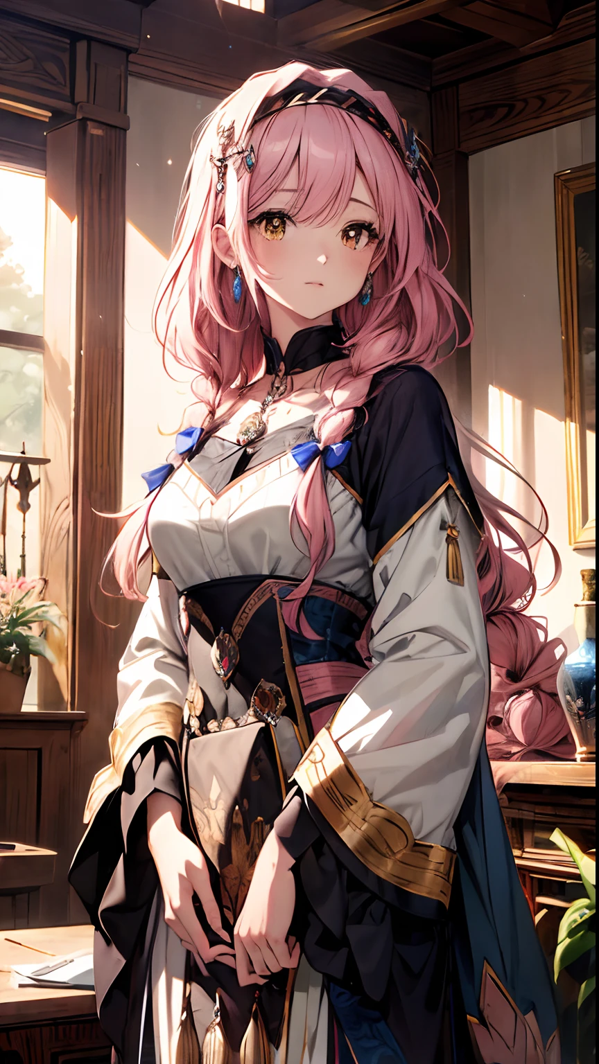 (Best quality, 4K, 8K, A high resolution, Masterpiece:1.2), Ultra-detailed, Noble maiden, Exquisite facial features，Pink curly hair long hair details expressed, Graceful posture, Dreamy atmosphere, expressive brush strokes, mystical ambiance, Artistic interpretation,Delicately coiled hair，Floral jewelry with exquisite details, Crystal diamond jewelry，Small fresh aesthetics，Stunning intricate costumes, Fantasy illustration, Subtle colors and tones, The details have been upgraded