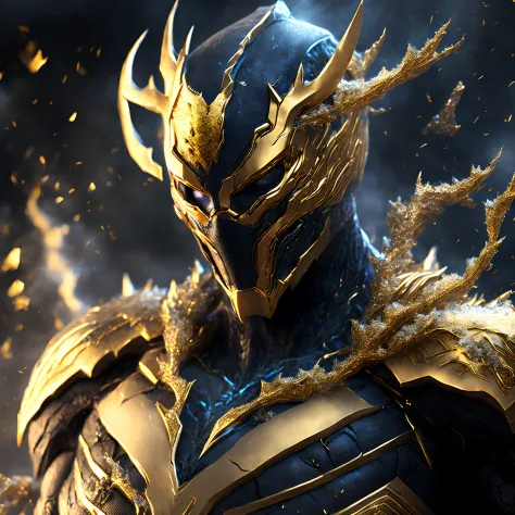 Close-up ( frozen gold venom from Marvel in Goth style: 1.3) emerging from the golden land, extremely detailed, smoke, sparks, m...