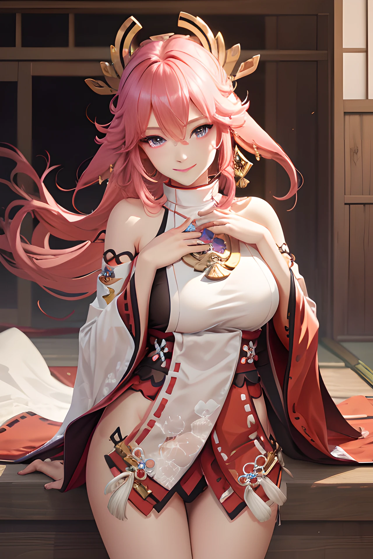 (masterpiece, best quality:1.2), solo, 1girl, yae miko, smile, looking at viewer, hand on own chest, hair ornament, japanese clothes, sideboob, detached sleeves, wide sleeves, jewelry, earrings, bare shoulders