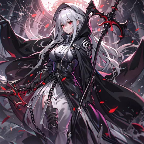 upper body, 1woman, White hair, Long Haired, Red eyes, (Grim Reaper), Black Long Cape, Black Large Scythe, tunic, big breats, wallpaper, Chain background, light particles, (masterpiece), best quality, closed-mouth