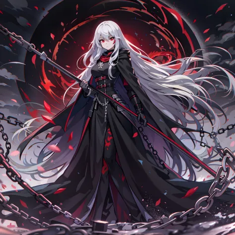 upper body, 1woman, White hair, Long Haired, Red eyes, (Grim Reaper), Black Long Cape, Black Large Scythe, tunic, big breats, wa...