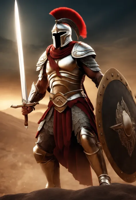 A realistic image of a 50 years old Spartan holding an sword on a hand and a spartan shield in the other hand, wearing a Spartan armor, on a Spartan war field background, perfect composition, beautiful detailed intricate insanely detailed octane render tre...