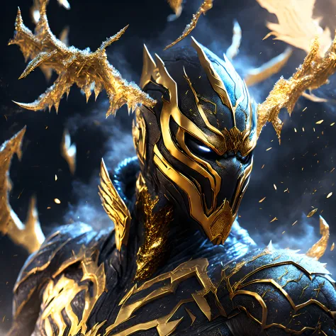 Close-up ( frozen gold venom from Marvel in Goth style: 1.3) emerging from the golden land, extremely detailed, smoke, sparks, m...