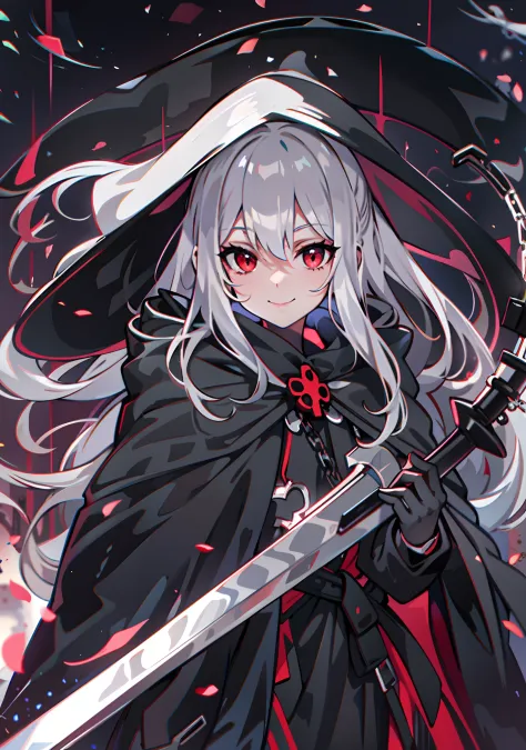upper body, 1woman, White hair, Long Haired, Red eyes, (Grim Reaper), Black Long Cape, Black Large Scythe, tunic, big breats, wallpaper, Chain background, light particles, (masterpiece), best quality, closed-mouth smile