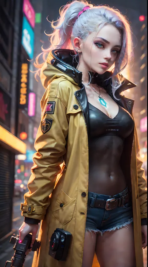 1 girl in a yellow trench coat，Cyberpunk 2077，Extreme light and shadow，Aurora chase，extremelycomplicateddetails，Extremely strong...