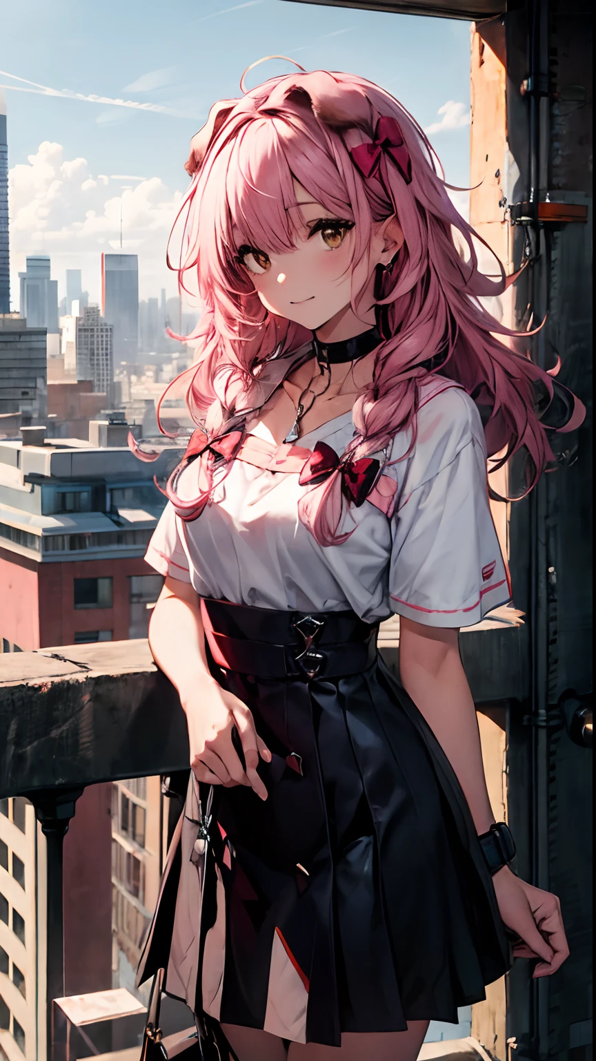 Best quality at best，tmasterpiece，1girll，Pink hair，messy  hair，curly_hair，The shirt，a skirt，Kawai，JK，red_bow，Wrist watch，choker necklace，view over city，8K original photos，超高分辨率，highest details，复杂，8k，HDR