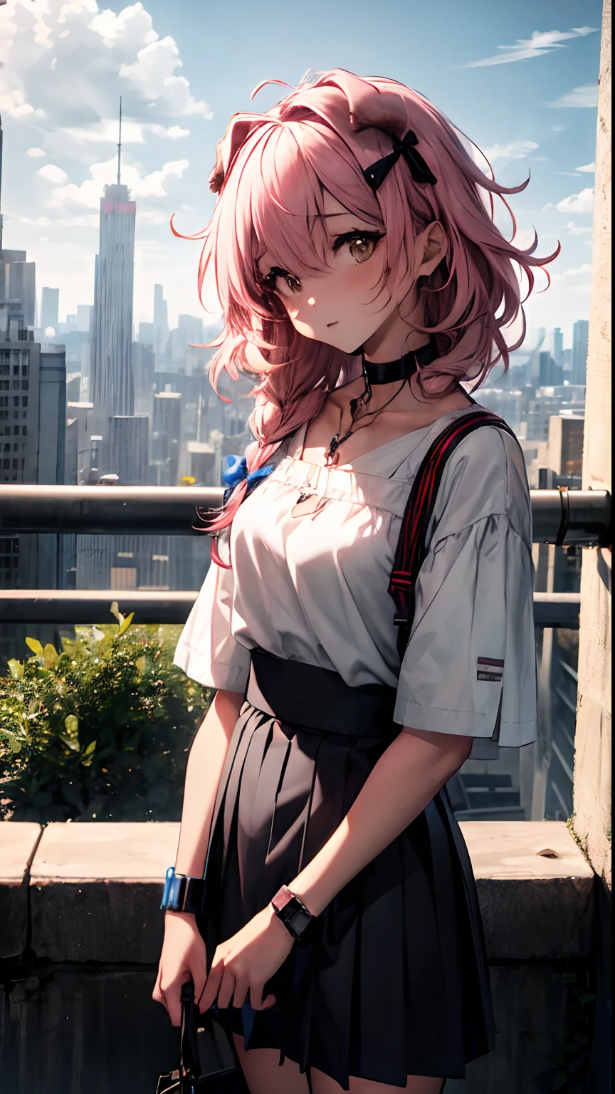 Best quality at best，tmasterpiece，1girll，Pink hair，messy  hair，curly_hair，The shirt，a skirt，Kawai，JK，red_bow，Wrist watch，choker necklace，view over city，8K original photos，超高分辨率，highest details，复杂，8k，HDR