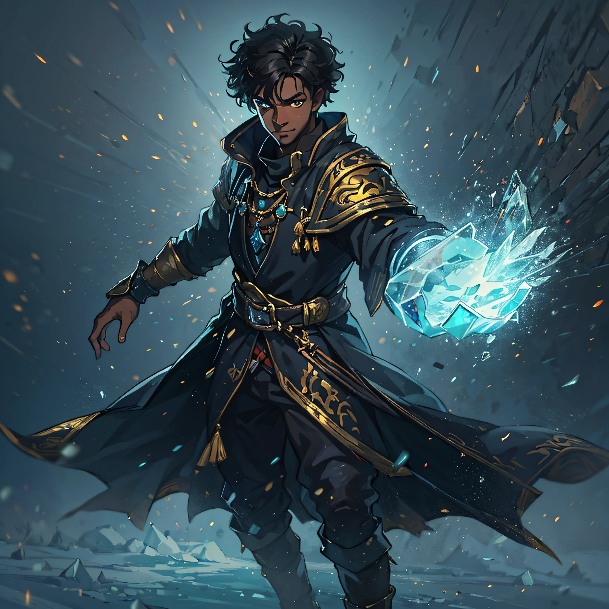 ((masterpiece,best quality)), extremely detailed 8K wallpaper, depth_of_field, best shadow, (Colorful), Combat Pose, casting a ice magic, 1 black man, beautiful, short curly hair, young man, confident eyes, golden eyes, confident smile, dressed in black clothes like a assassin, a fantasy character, an RPG character. , 4k, perfect details, character for a RPG, medieval RPG, ultra details, dynamic lights, ice wizard