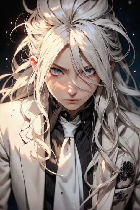 anime character with pure white hair and blue eyes staring at something, gojo satorou portrait, gojo satorou white hair, kaneki ...