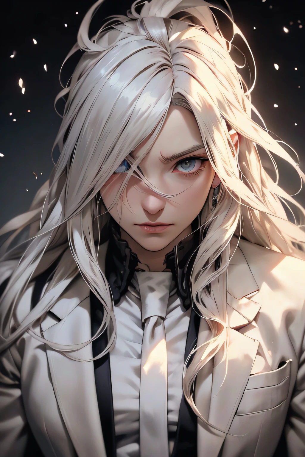 personnage d&#39;anime aux cheveux d&#39;un blanc pur et aux yeux bleus regardant quelque chose, Portrait de Gojo Satorou, Gojo Satorou cheveux blancs, Kaneki Ken, Ken Kaneki, style artistique ufotable, Gojo Satorou, personnage masculin d&#39;anime, Goule de Tokyo, Aux cheveux blancs, Nagito Komaeda de Danganronpa, Aux cheveux blancs