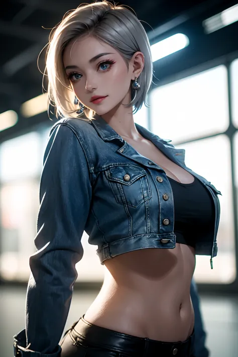 1girl in, Solo, Android 18, Silver blonde hair, Blue eyes, Short hair, Jewelry, earrings, Smile, Jacket, Looking to the side, de...