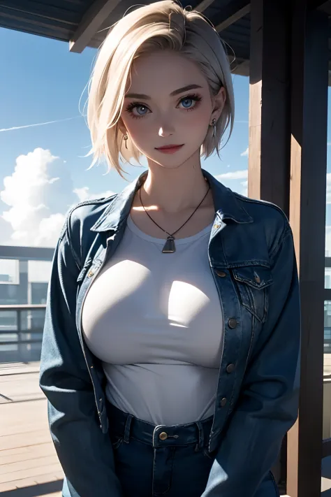 1girl in, Solo, Android 18, Silver blonde hair, Blue eyes, Short hair, Jewelry, earrings, Smile, Jacket, Looking to the side, de...