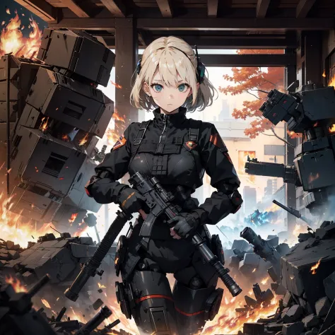 (Female soldier with well-trained body)、(((Fire machine guns to destroy enemy robots:1.4)))、1 Female 1 Robot、(Black combat unifo...