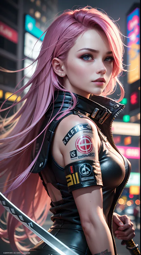 1 《cyberpunk 2077》pink long-haired girl with long katana，wear a big red trench coat and shorts，cyberpunk 2077，extreme light and ...