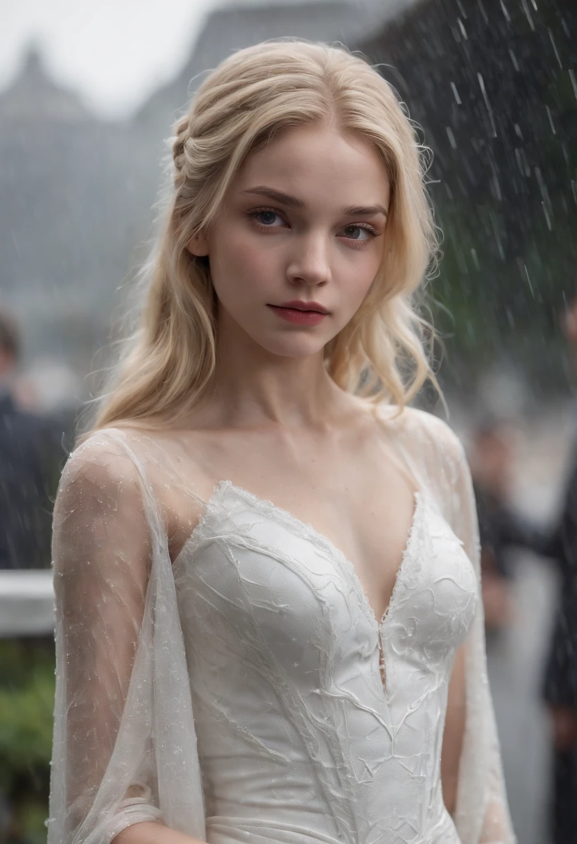 18 year old girl, White Spider-Man dress, with long coiled hair， Blonde, Beautiful face, rain,  Masterpiece, intricately details, Facial and body details.