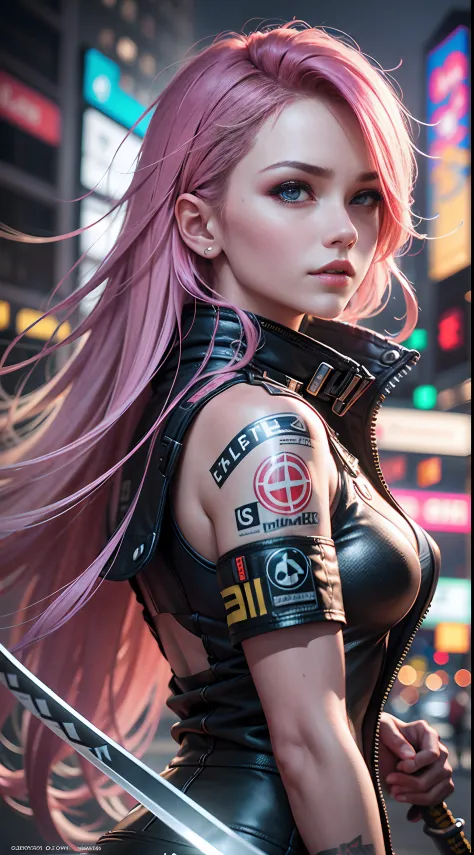 1 《Cyberpunk 2077》Pink long-haired girl with long katana，Wear a big red trench coat and shorts，Cyberpunk 2077，Extreme light and ...