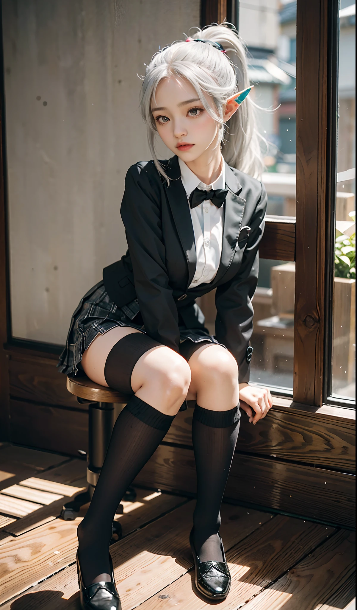 （Extremely normal body）Japanese-style town：1 Elf beauty，JK ，(Elf long ears)，Short silver-white hair，Half-tied ponytail。Uniform for female high school students)，Short plaid skirt，Black socks, Black socks，black sock，slippers，Jade foot ， very detailed eyes and faces， Sharp pupils， realistic pupil， tack sharp focus， cinmatic lighting，full bodyesbian，Bigboobs，long leges，From the front side，dynamicposes，Normal posture，closeup of face