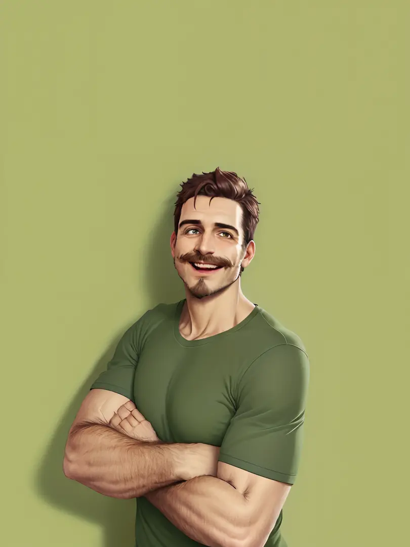 Homem com camisa verde, bigode e sorrindo, in a chocolate factory, anime, realistic animation style