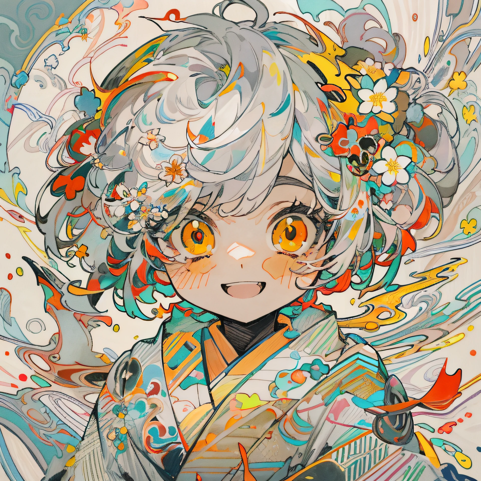 masterpiece, ultra-high quality, ( ultra detailed original illustration), ((chibi mode)),( little girl joyful facial expression, red eye, short hair, white hair, sunny smile, upper body, perfect body), ((kimono fashion)), ((flowers sakura)(graffiti)), double exposure, fussion of fluid abstract art, glitch, ( 2d), ( original illustration composition), ( fusion of limited color, maximalism artstyle, geometric artstyle, fire, junk art), yellow theme, background black