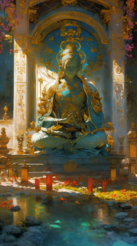 Best quality,8K,A high resolution,Masterpiece:1.2,Ultra-detailed,Sharp focus,Physically-based rendering,professional,Vivid colors,Bokeh,BUDDHA STATUE,Peaceful,serene,scenic landscape,Sunlight illuminating the statue,The gentle breeze rustles the leaves,sur...