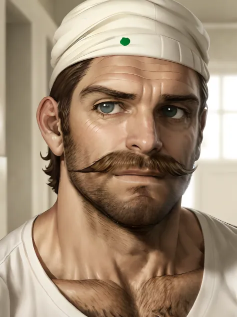 Homem loiro, de olhos verdes, com bigode, por volta dos 28 anos, de camisa branca, white cap in a Nestlé chocolate factory