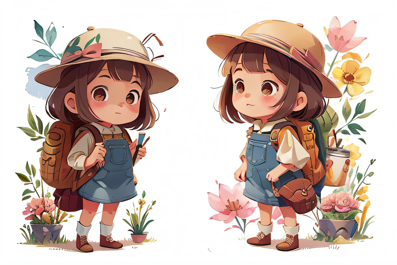 girl, watercolor, cute, character in different positions, full body, hat and backpack. The overall style is a mix of traditional painting and realistic elements, creating a visually stunning masterpiece.