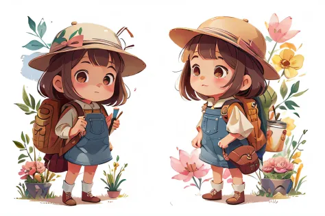 girl, watercolor, cute, character in different positions, full body, hat and backpack. the overall style is a mix of traditional...