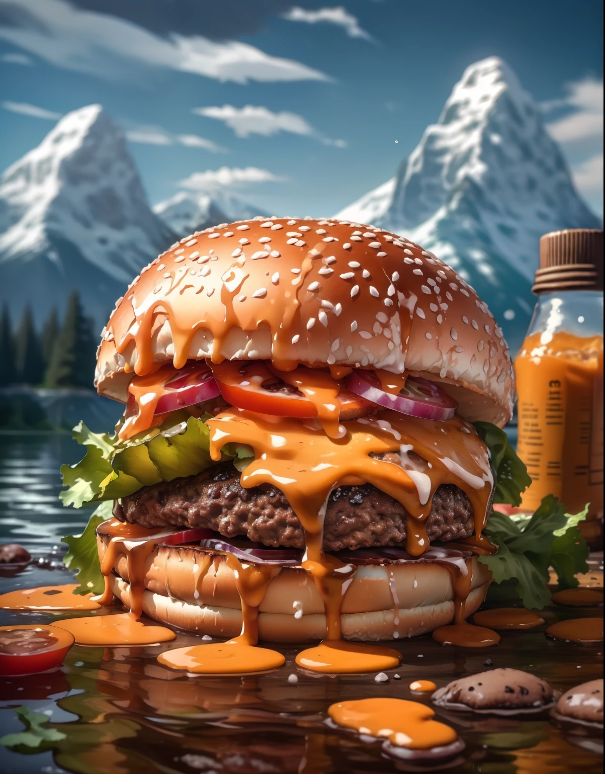 (Obra de arte, qualidade máxima, melhor qualidade, bonito e estético:1.2), extremamente detalhado, mais detalhado,Hamburger,foto de hambúrguer,  fundo branco, cenário, tinta, montanhas, água, árvores
