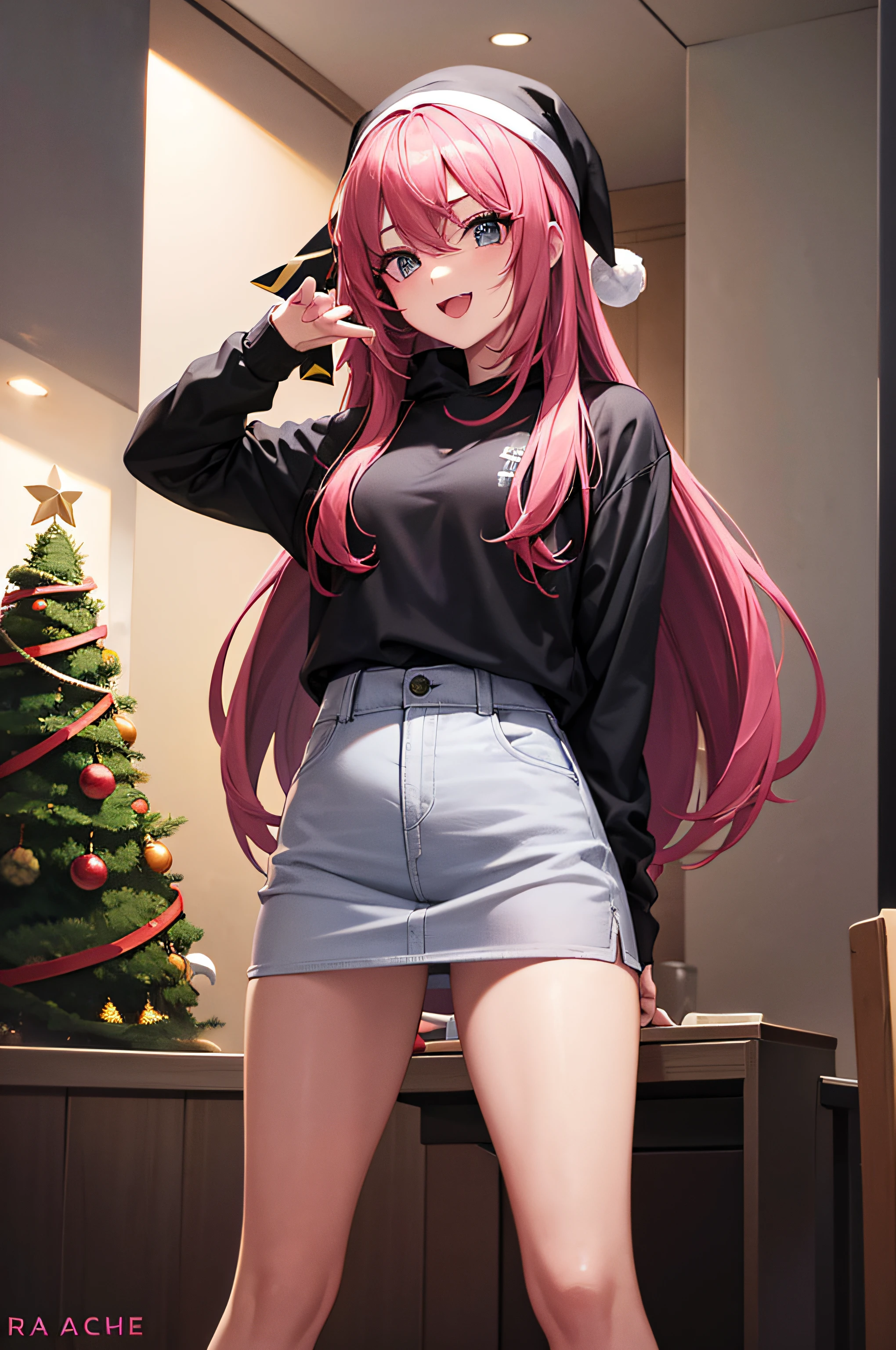 Arafactic anime girl with pink hair and a black shirt and skirt - SeaArt AI