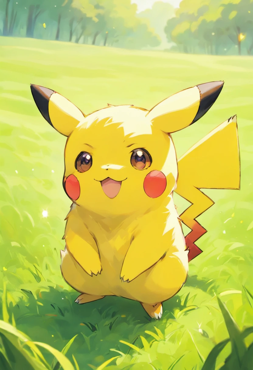 Un pikachu de dibujos animados sentado en la hierba con los ojos cerrados -  SeaArt AI