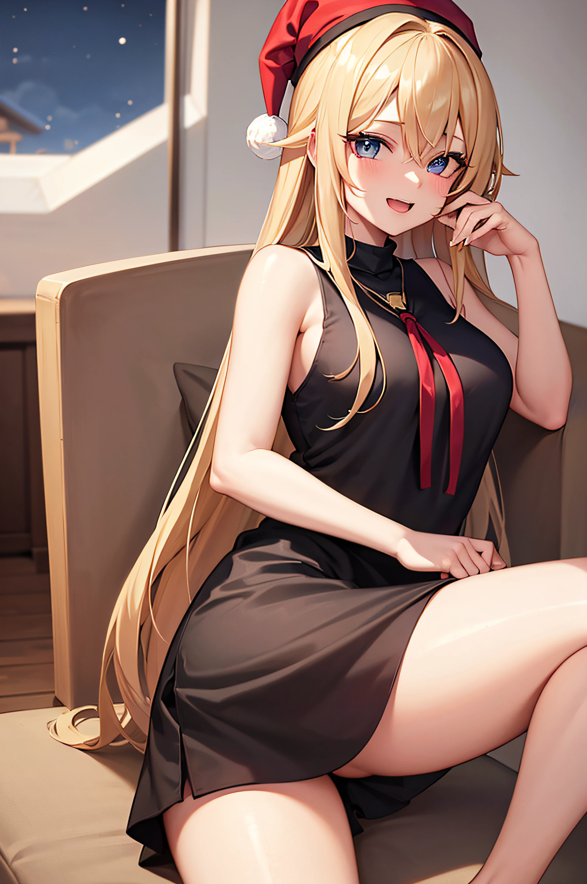 Anime girl in a black dress and red hat sitting on a couch - SeaArt AI