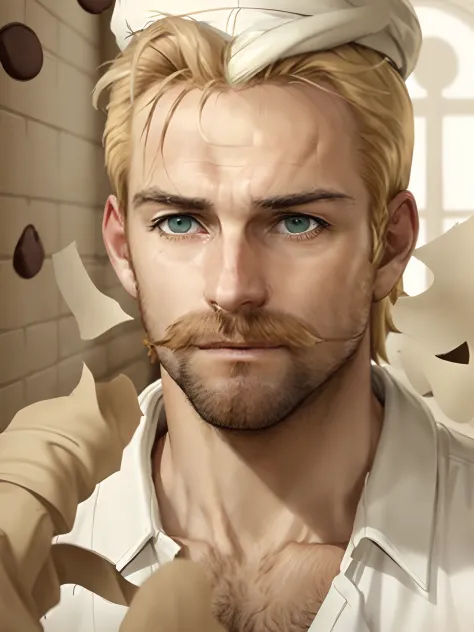 blonde man, with green eyes, mustache, about 24 years old, white shirt, with a white cap, white boots and a chocolate factory, a...