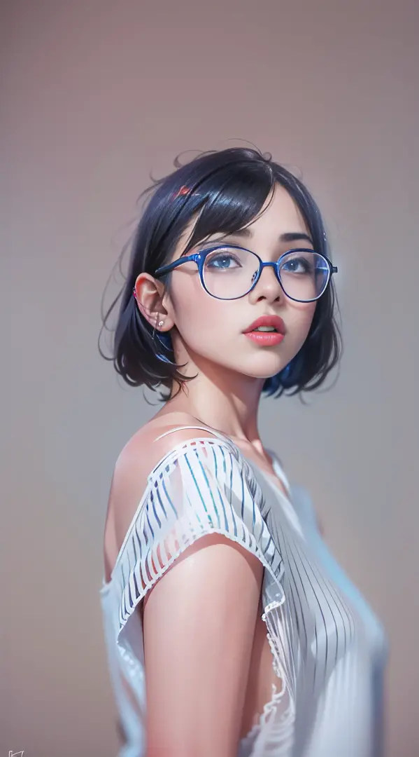 Girl with black bob hairstyle, clear glasses, blue eyes, without clothes, reddish lips, make up, kpop, lip piercing ring