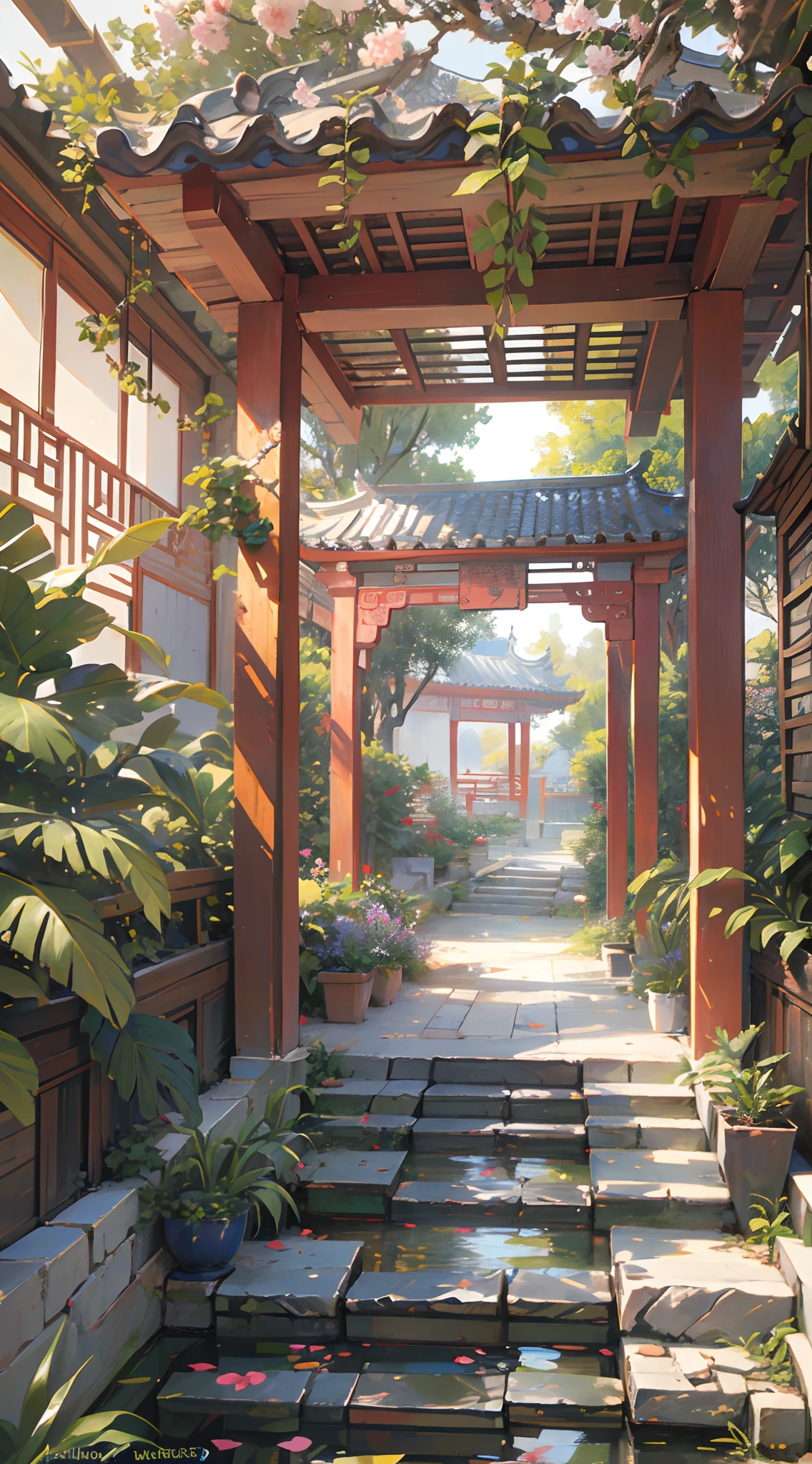 ((Best quality, masterpiece: 1.2)), CG, 8K, intricate details, cinematic perspective, (no one around), (Ancient Chinese garden), #conceptart #conceptartist #visualart #artofvisuals #beautifulart #unreal #magical #mystical #fantasyart #fantasyworld #tranquil #otherworldly #ambient #beautifulplace #landscapeart #wallpape, ((soft and elegant colors)), ((exquisitely crafted composition))