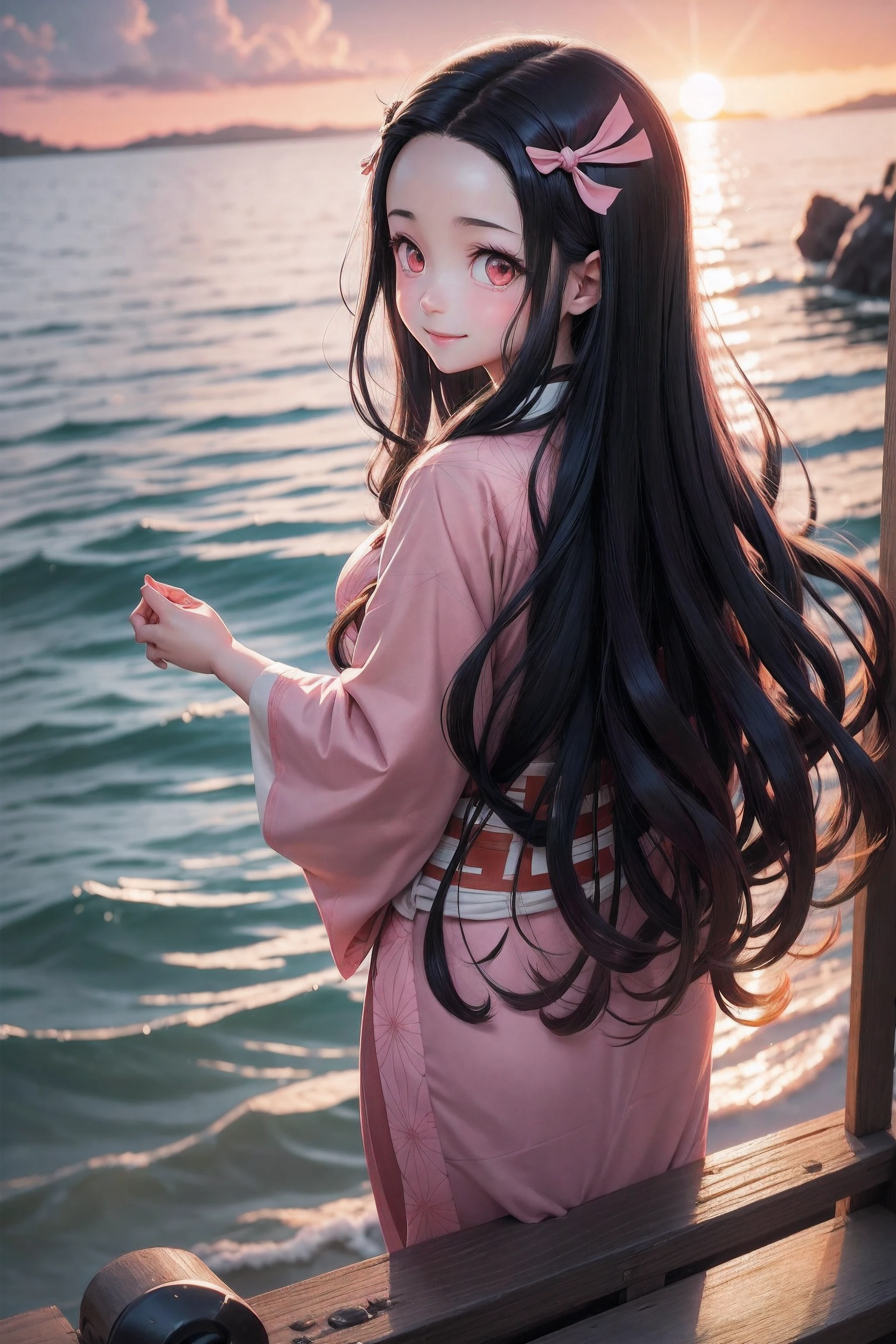 アニメの女の子1人, Nezuko Kamado, 横に流した長い漆黒の髪, 柔らかそうな外観, 淡いピンクの目, ピンクの着物, 明るい笑顔, 全身, 視聴者を見る, 桜の花, 湖 , 美しい夕日