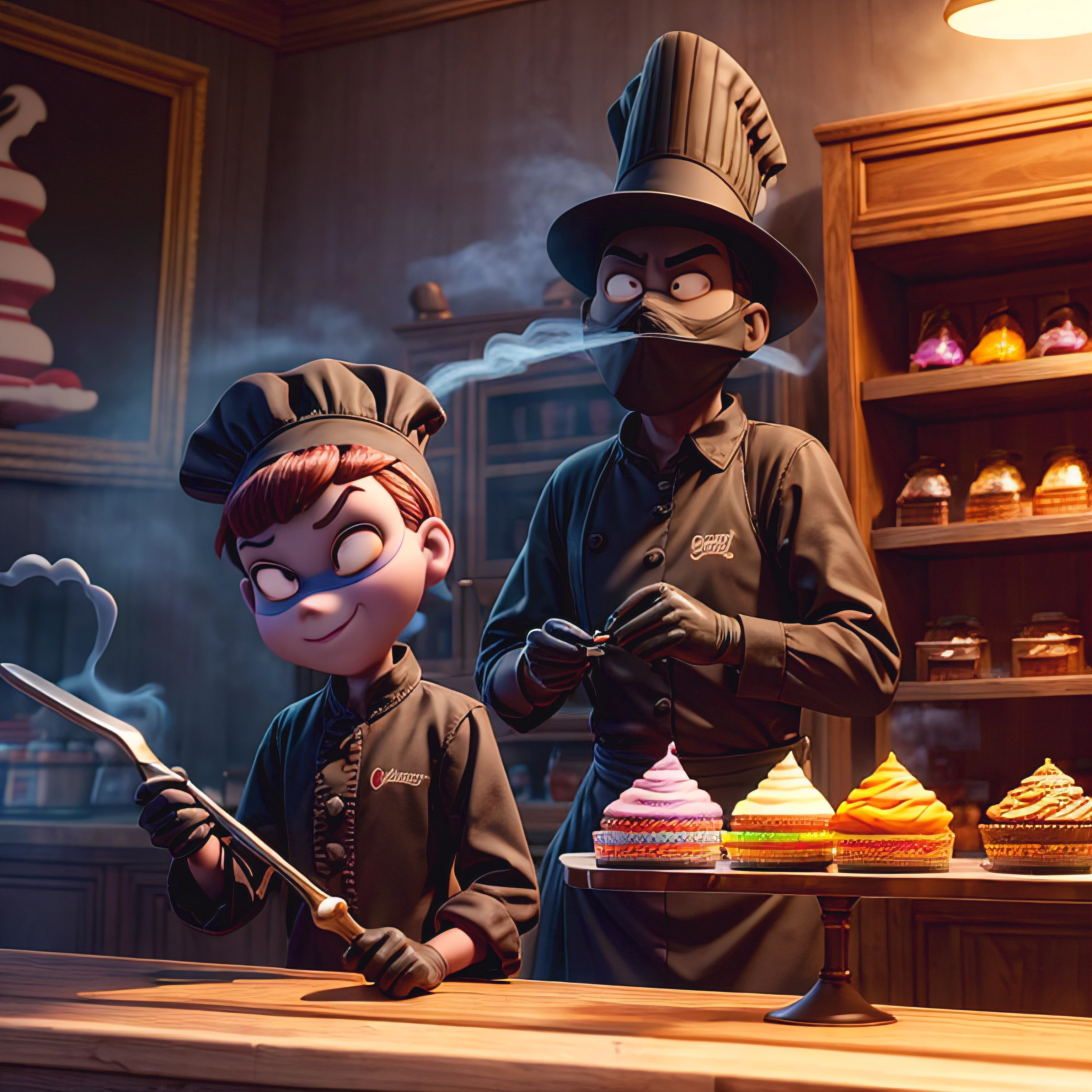 pixAr style, A (shAdowy smoke monster) posing As A (Konditor) behind A register on A counter in A cAndy shop, chef-hAt, (low Angle), detAiled, hohe Auflösung, high quAlity, 8k, high sAturAtion, bedrohlich, hiding in plAin sight
